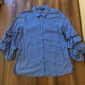 Melissa Paige Navy White Gingham Blouse Large 3 Tier Puff Sleeves button down